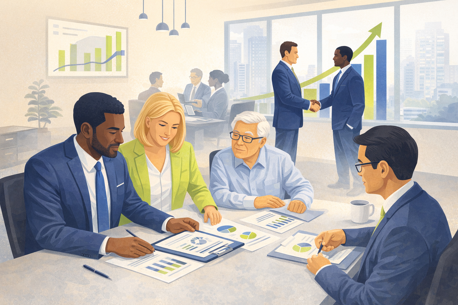Professional financial advisers in a modern office reviewing documents and charts, representing the sale and succession planning of an IFA business.